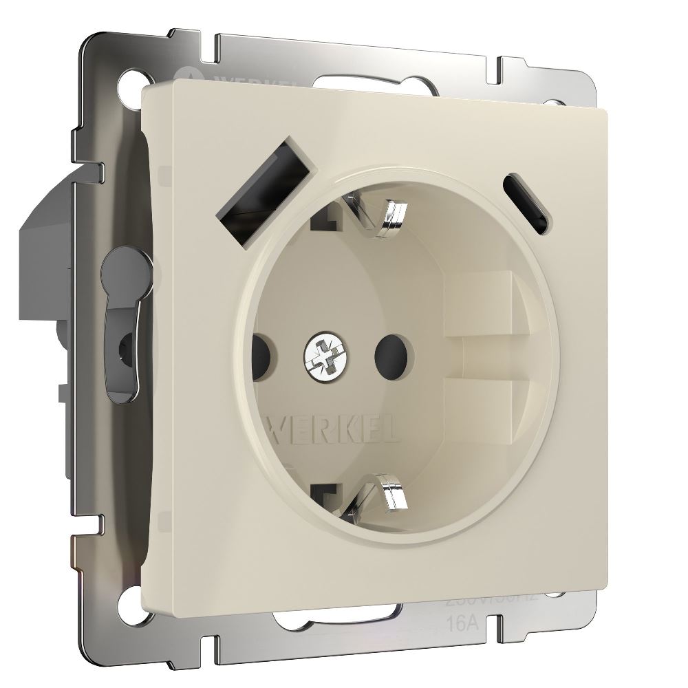 Розетка встраиваемая Werkel с заземлением, шторками и USB тип A+C Слоновая кость W1171703