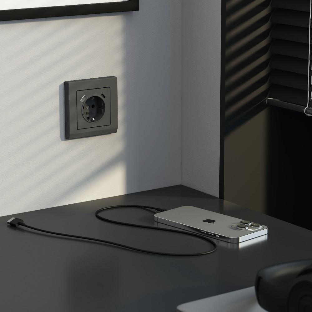 Розетка встраиваемая Werkel с заземлением, шторками и USB тип A+C Графит матовый W1171764 — изображение 2