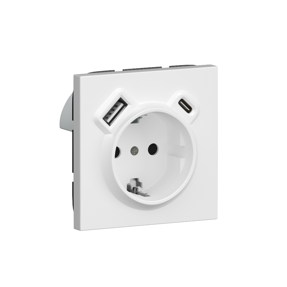 Розетка встраиваемая Donel R98 с заземлением и шторками + зарядка USB A+C 20W Белый матовый DA15500-DA22233