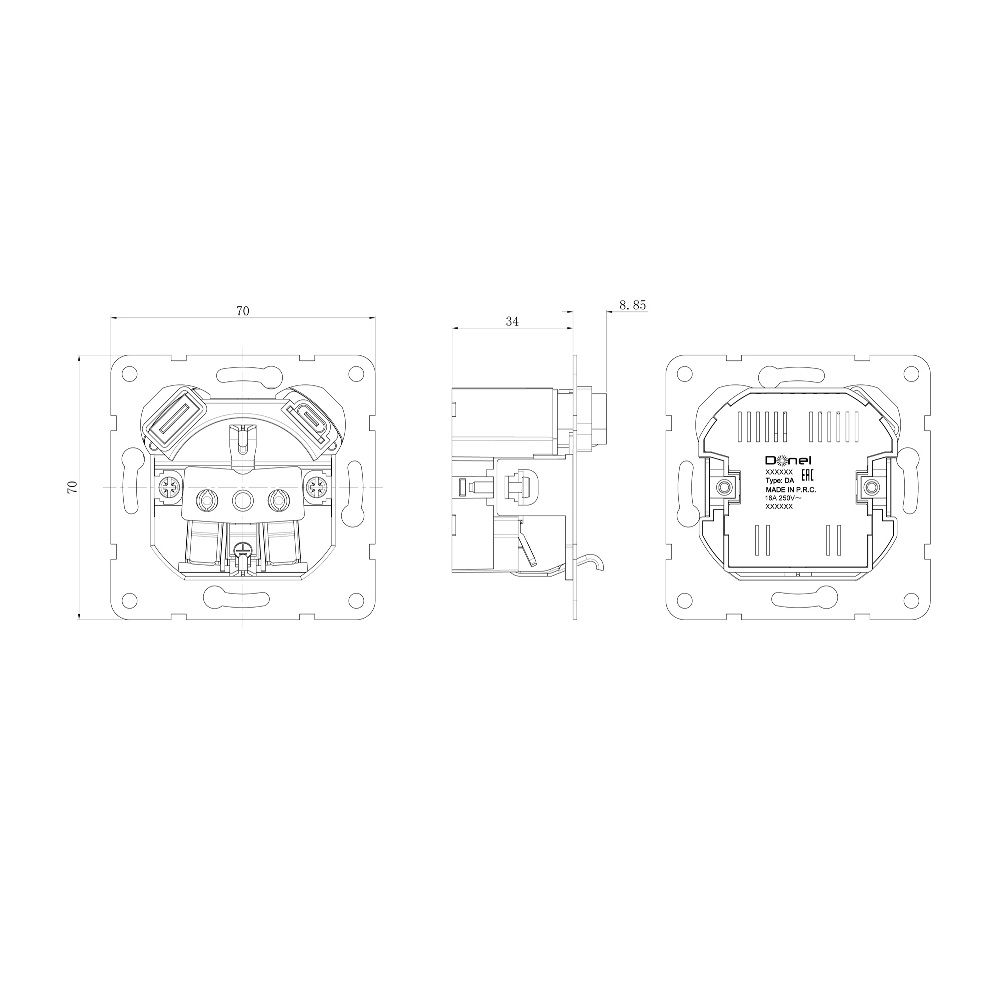 Розетка встраиваемая Donel R98 с заземлением и шторками + зарядка USB A+C 20W Белый матовый DA15500-DA22233 — изображение 3