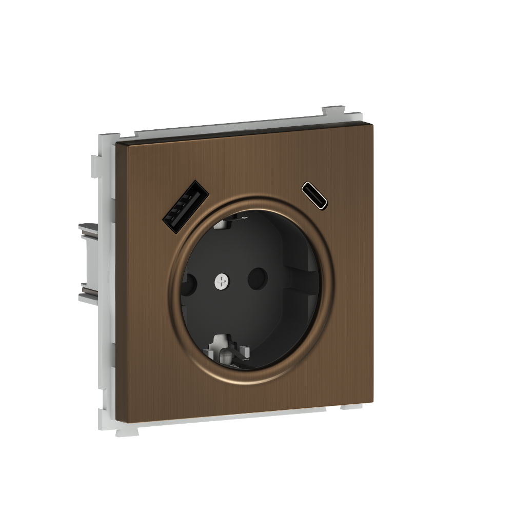 Розетка встраиваемая Donel R98 Metal с заземлением, шторками и USB тип A+C Латунь DA15500-DA222ME