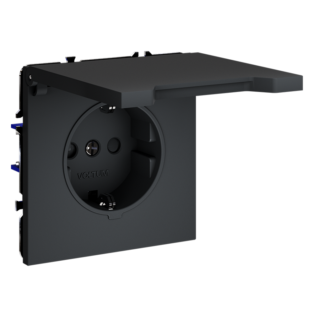 Розетка встраиваемая Voltum S70 с заземлением, защитными шторками и крышкой Графит VLS040307