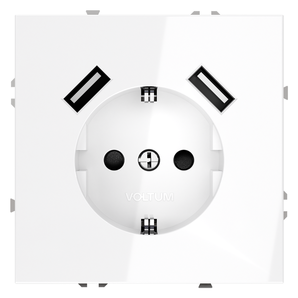 Розетка встраиваемая Voltum S70 с заземлением, шторками и USB A+A Белый Глянцевый VLS040401