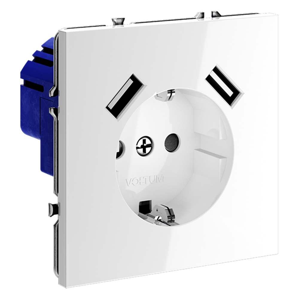 Розетка встраиваемая Voltum S70 с заземлением, шторками и USB A+A Белый Глянцевый VLS040401 — изображение 2