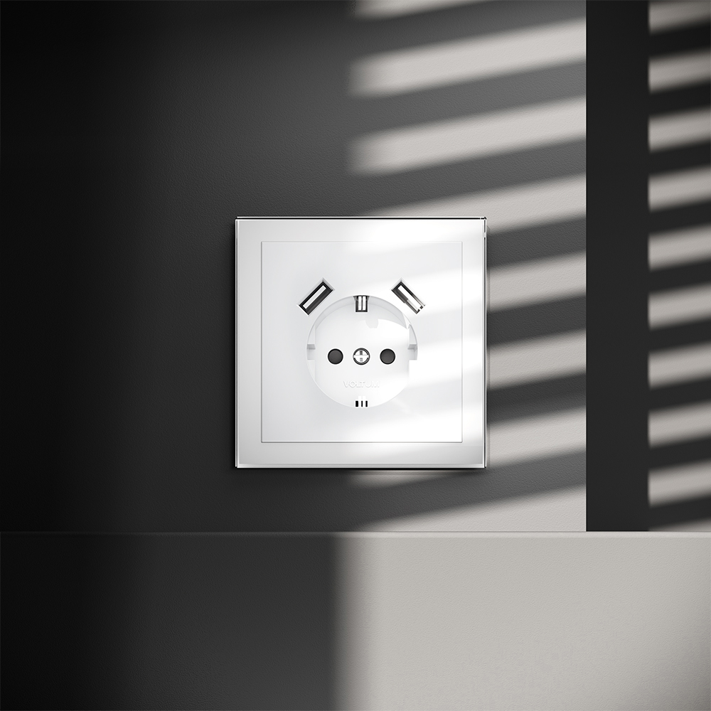 Розетка встраиваемая Voltum S70 с заземлением, шторками и USB A+A Белый Глянцевый VLS040401 — изображение 4