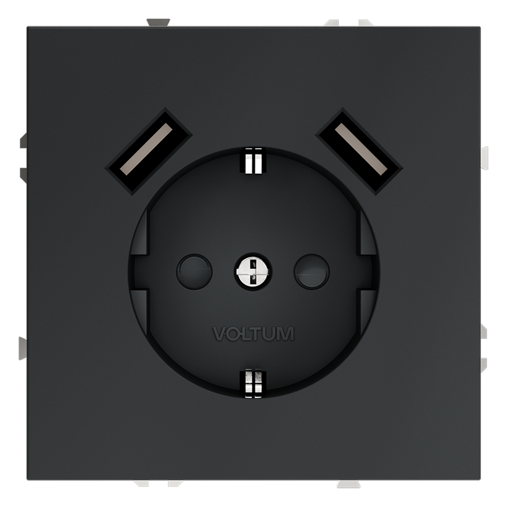 Розетка встраиваемая Voltum S70 с заземлением, шторками и USB A+A Графит VLS040407