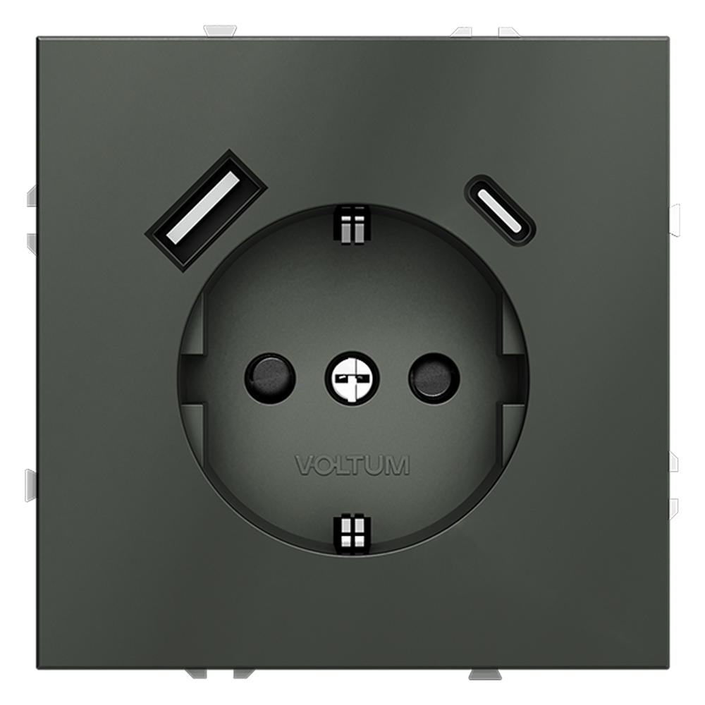 Розетка встраиваемая Voltum S70 с заземлением, шторками и USB A+C Титан VLS040506