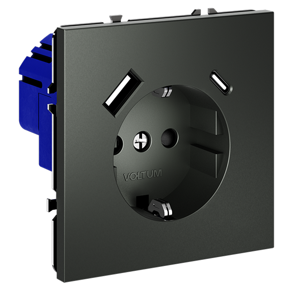 Розетка встраиваемая Voltum S70 с заземлением, шторками и USB A+C Титан VLS040506 — изображение 2