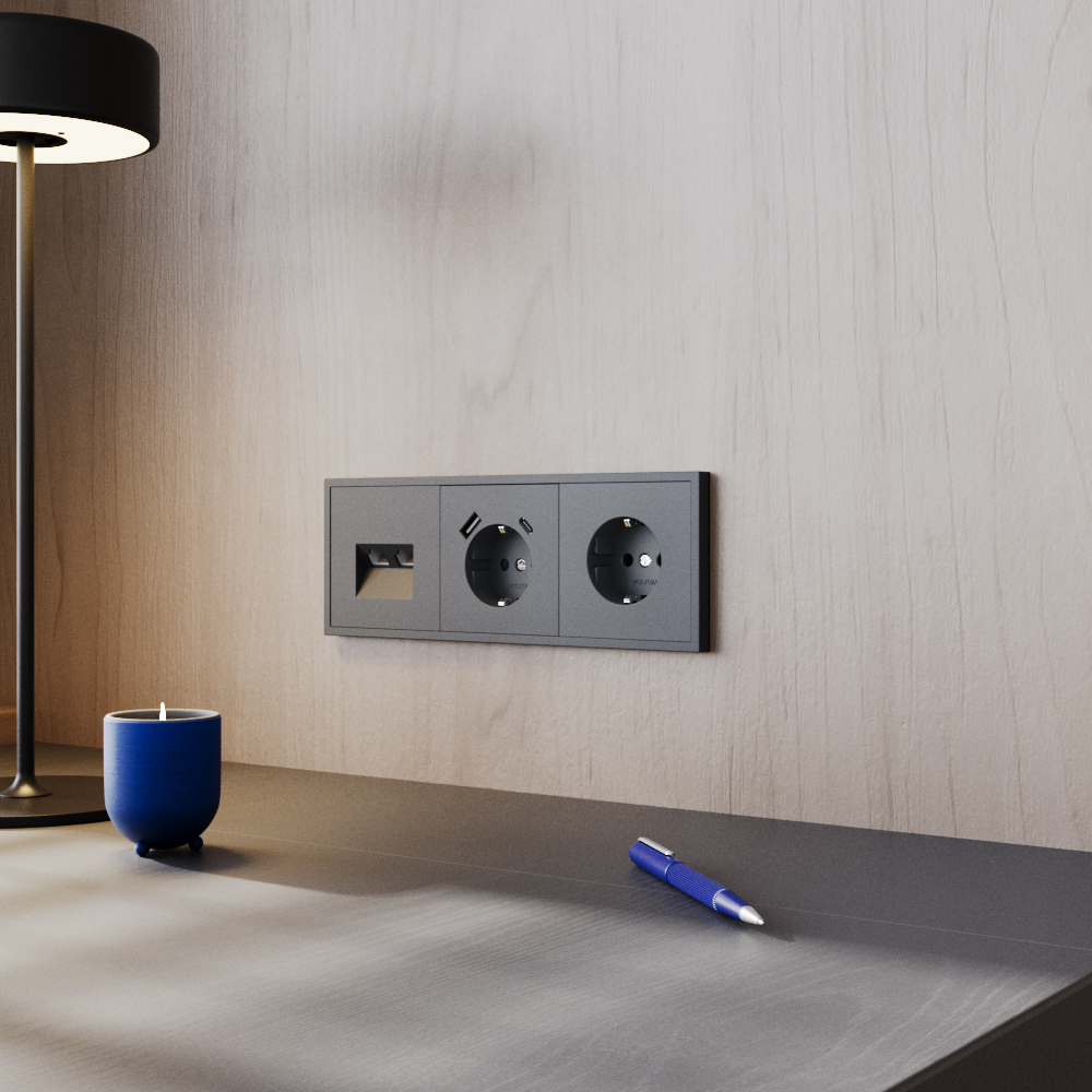 Розетка встраиваемая Voltum S70 с заземлением, шторками и USB A+C Графит VLS040507 — изображение 5